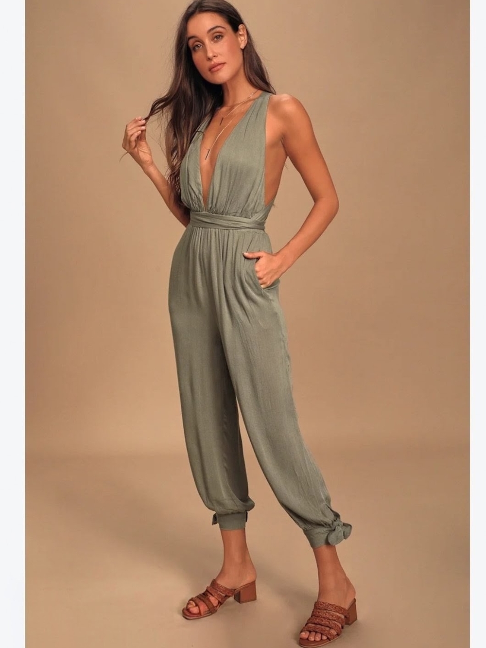 SHEIN Olive Green Deep V Waist-Tie Jumpsuit